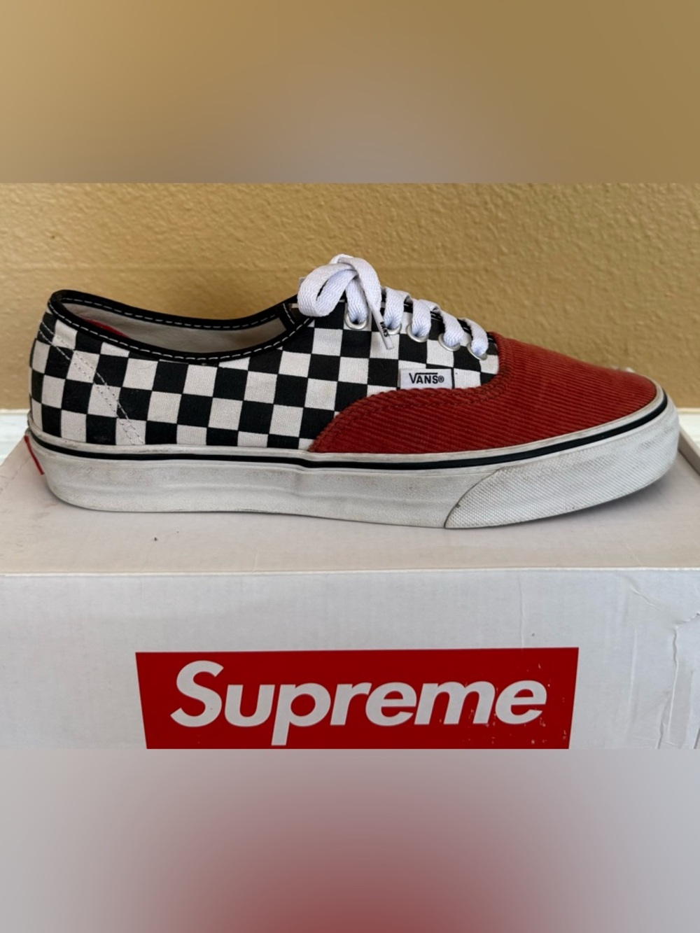 Vans Authentic X Supreme Checkered Corduroy Coral Red Shoes 8.5